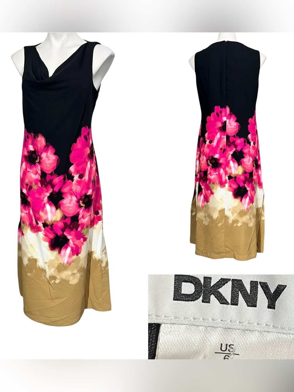 DKNY Midi Dress Sz 6 Black Floral sleeveless cowl neck office fall casual